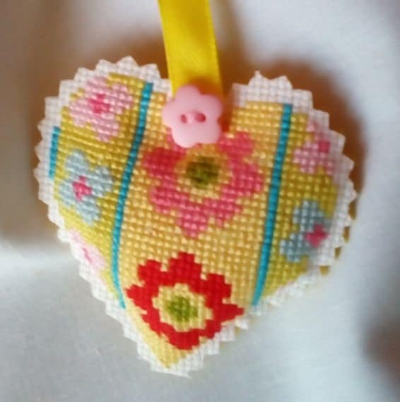 Yellow Flower Cross Stitch Heart Hanger - main product image