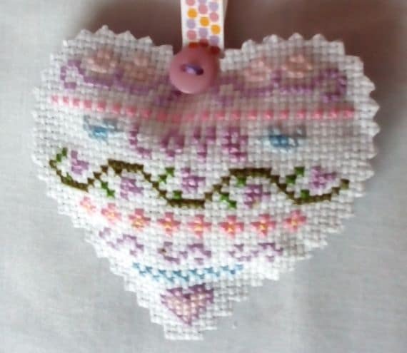 Love Sampler Style Cross Stitch Heart Purple – Hanging Heart, Pocket Hug, Love Hearts, Heart Gift - main product image