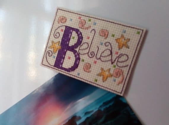 Believe Cross Stitch Magnet, Purple – Mindfulness Gift, Positivity Quote - product image 2