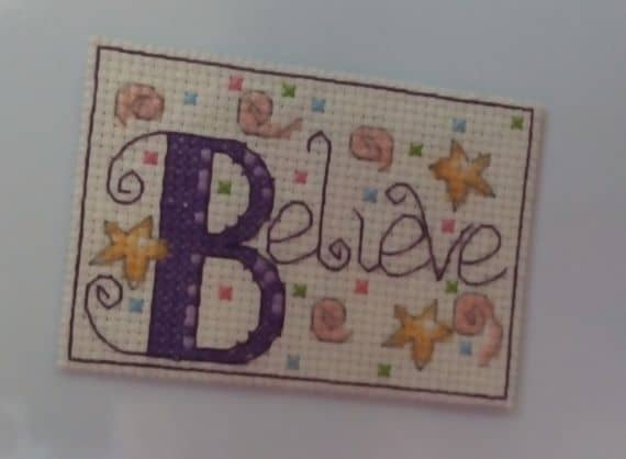 Believe Cross Stitch Magnet, Purple – Mindfulness Gift, Positivity Quote - main product image