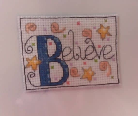 Believe Cross Stitch Magnet, Blue – Mindfulness Gift, Positivity Quote - main product image