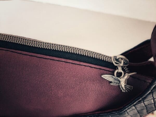 Artisanal crossbody handmade high-end black and burgundy half moon bag. - product image 3