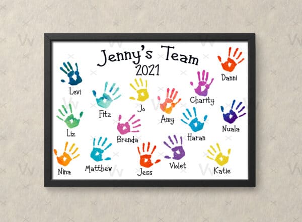 A5 Personalised Work Teams Handprints Wall Print // Leaving or Retirement Gift - main product image