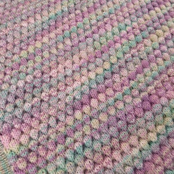 Hand knitted baby multicoloured bobble pram blanket – lilac, pink, green - product image 4
