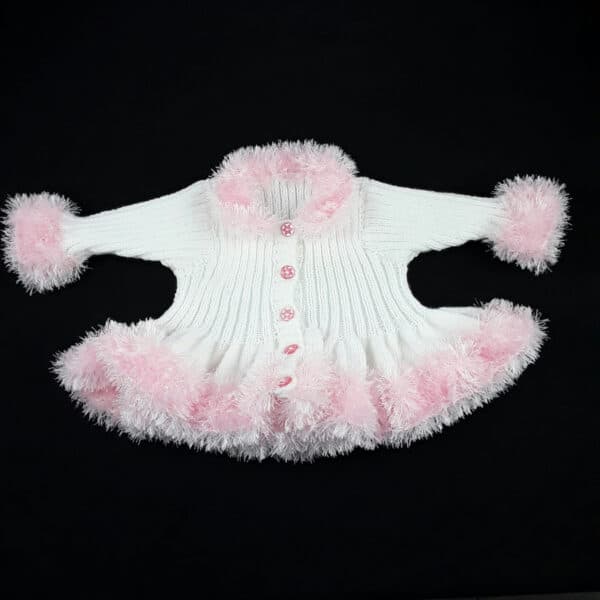 Baby girls white cardigan – fluffy pink trim – 20 inch chest – 6-12 months - main product image