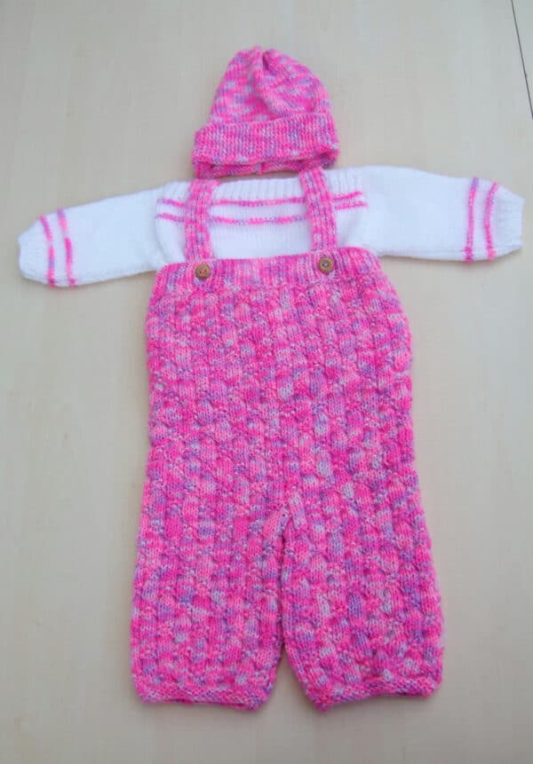 Hand knitted baby girl jumper dungarees and hat set 0 – 3 months pink mix - main product image
