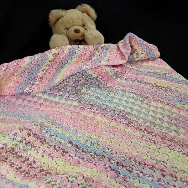 Hand crocheted baby cot bed size pink multicolour c2c blanket - product image 3