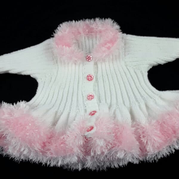 Baby girls white cardigan – fluffy pink trim – 20 inch chest – 6-12 months - product image 2