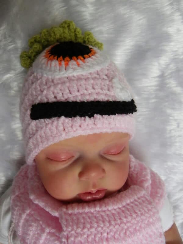 Hand crochet pink baby halloween monster hat and scarf - product image 4