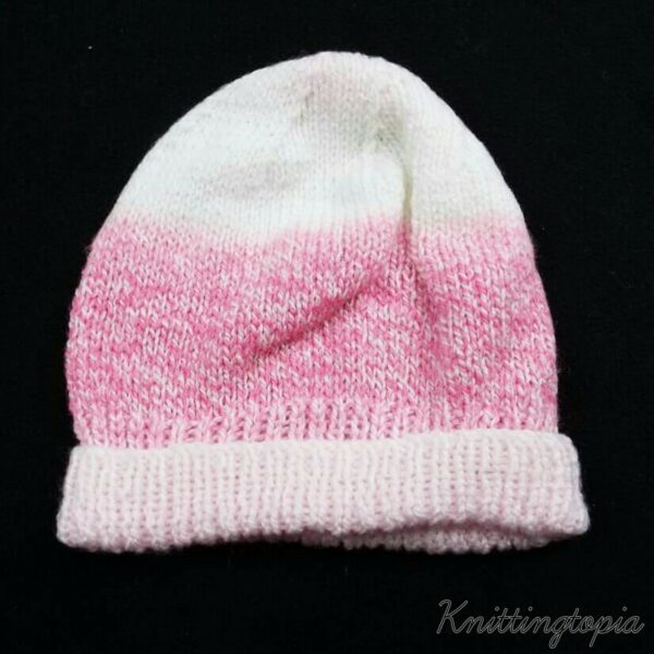 Girls beanie hat hand knitted in pink and white 20 inch head 3 – 10 years - product image 2