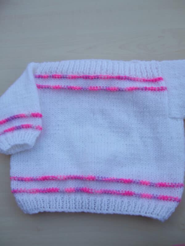 Hand knitted baby girl jumper dungarees and hat set 0 – 3 months pink mix - product image 4