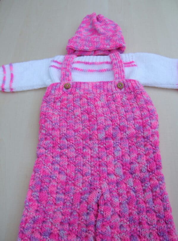 Hand knitted baby girl jumper dungarees and hat set 0 – 3 months pink mix - product image 3