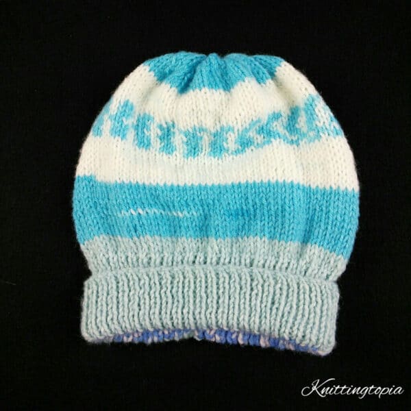 Blue and cream hand knitted aran baby hat 17 inch head 6 months - main product image