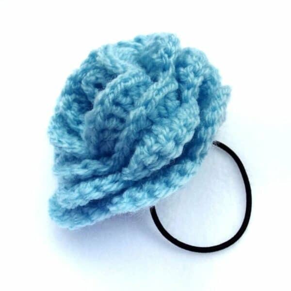 Hair pony tail band large pale blue crochet rose flower hair bobble - product image 3