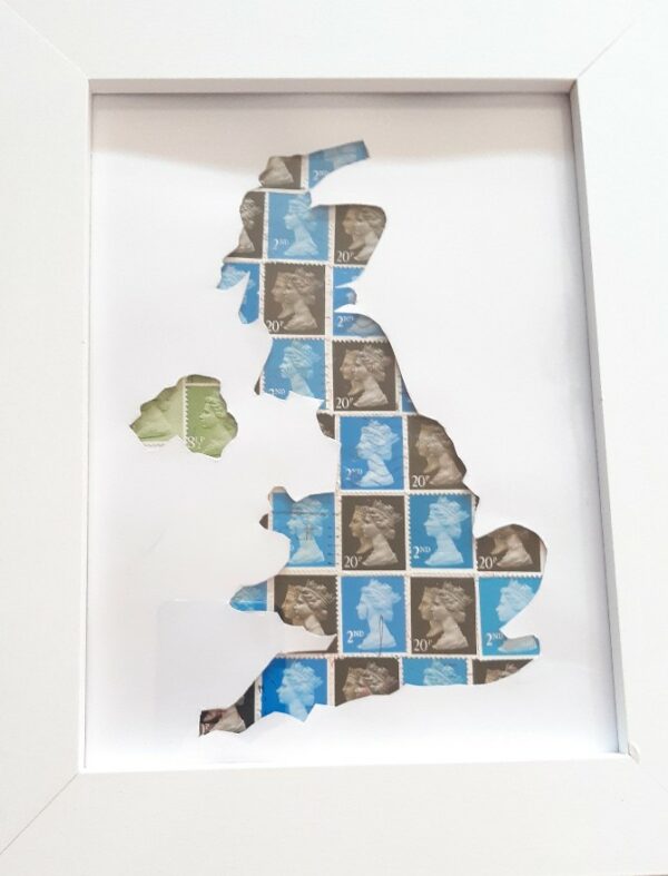 Framed postage stamp UK map art picture. - main product image