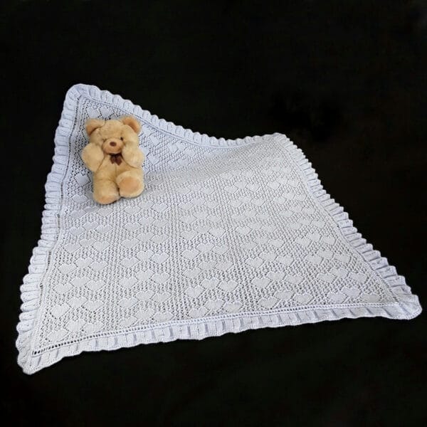 Hand knitted baby christening sweetheart shawl in pale blue lightweight yarn - product image 3