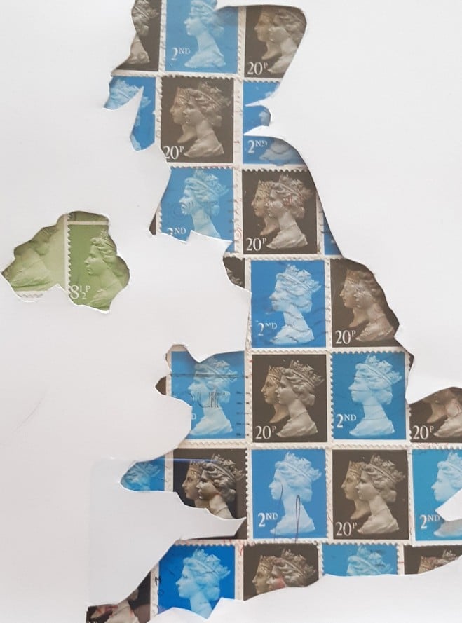 Framed postage stamp UK map art picture.