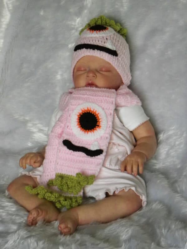 Hand crochet pink baby halloween monster hat and scarf - main product image