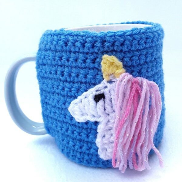 Blue unicorn lovers hand crocheted mug cosy with white unicorn with pink and blue sparky mane - product image 2