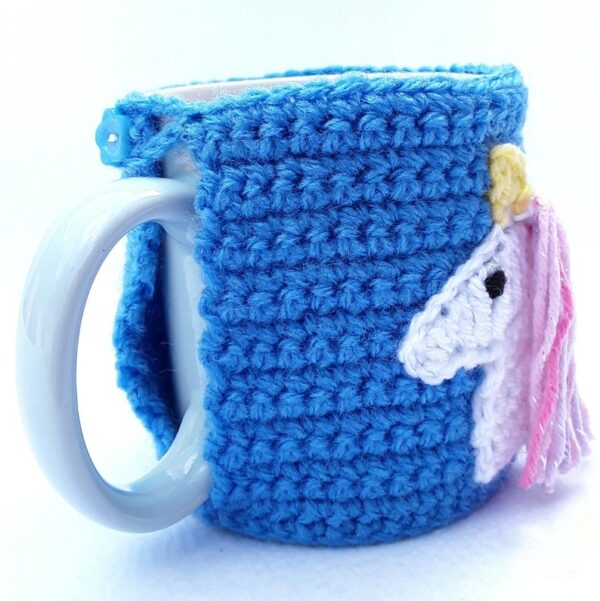 Blue unicorn lovers hand crocheted mug cosy with white unicorn with pink and blue sparky mane - product image 3