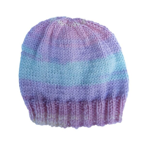 Hand knitted baby beanie hat in pastel stripes pink lilac green lemon 0 – 3 months - main product image