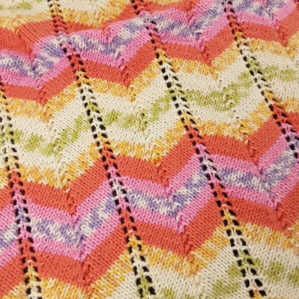 Hand knitted baby pram blanket – pink, orange, mauve, green, yellow, white chevron - product image 4