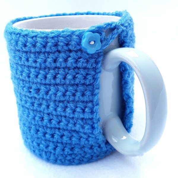 Blue unicorn lovers hand crocheted mug cosy with white unicorn with pink and blue sparky mane - product image 4