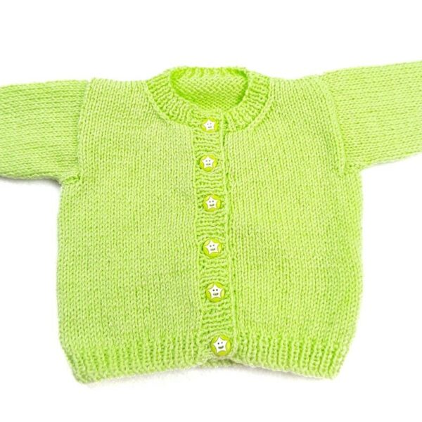 Hand knitted baby girl boy cardigan in lime green 0 – 3 months - product image 3