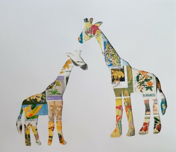 Recycled postage stamp Momma and baby Giraffe picture. - main product image