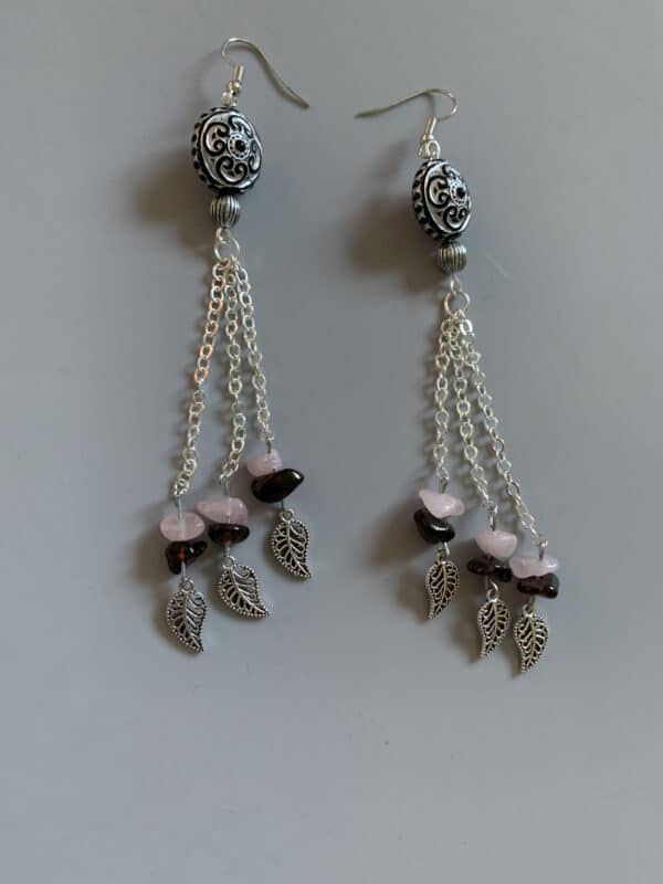 Maroon and Light Pink Triple Pearl Drop Earrings on chain (Pair) - main product image