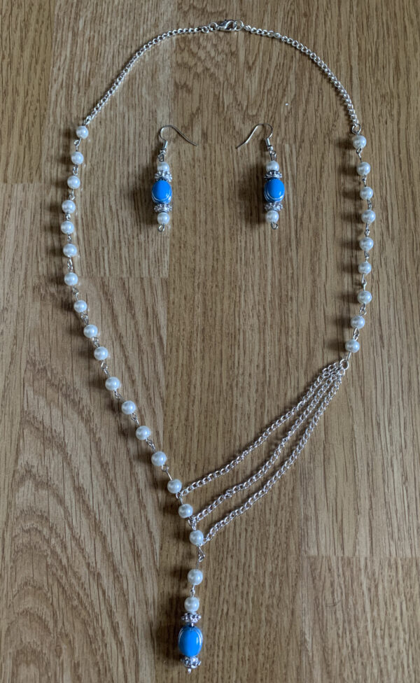 Bead and Chain Set – Blue & White beads on a metal necklace with Earrings - main product image