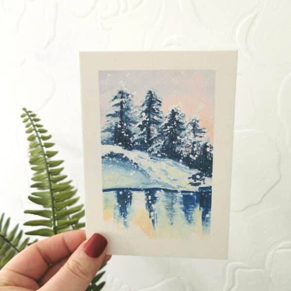 Snow Tree Reflection Landscape Gouache Painting Art Print - product image 2