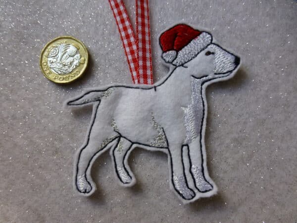 White Bull Terrier in Santa Hat Hanging Decoration - main product image