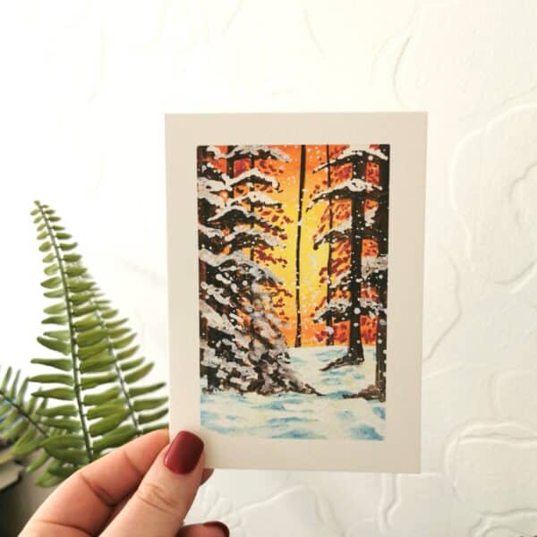 Snow Sunset Forest Landscape Gouache Painting Art Print - product image 2