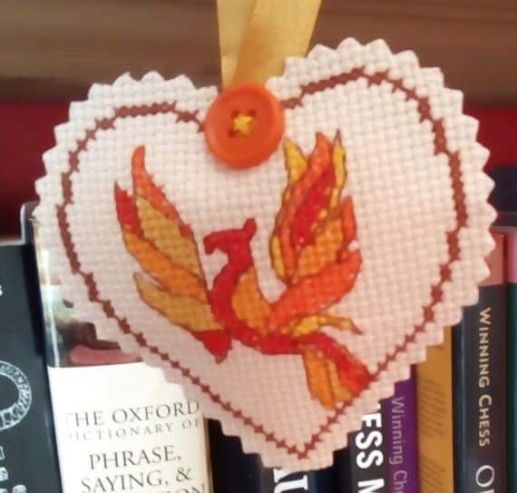 Phoenix Hug, Cross Stitch, Pocket Heart, Hanging Heart - main product image