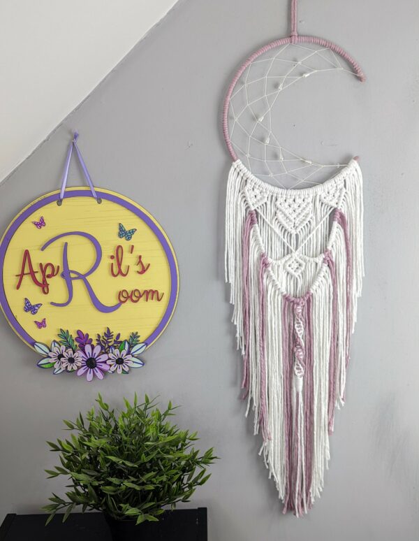 Dusky Pink Moon dreamcatcher, white, wall hanging, fibre art, dream catcher, macrame, girls room - main product image