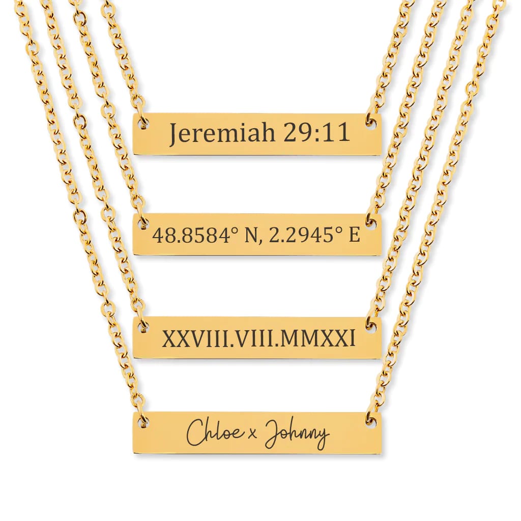 Personalised Horizontal Bar Necklace Custom Name, Coordinates, Bible Verse & Roman Date Necklace - main product image