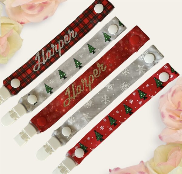 Christmas theme personalised dummy strap / clip. Toy saver. Pacifier ribbon - main product image