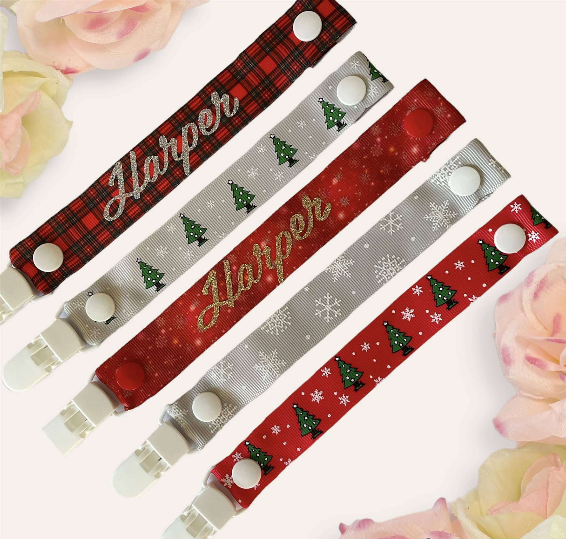 Christmas theme personalised dummy strap / clip. Toy saver. Pacifier ribbon - main product image