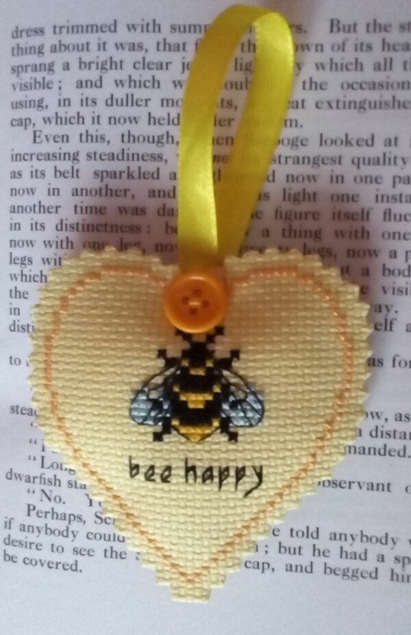 Bee Happy – Cross Stitch Bee Heart, Hanging Heart, Pocket Hug – Yellow - main product image