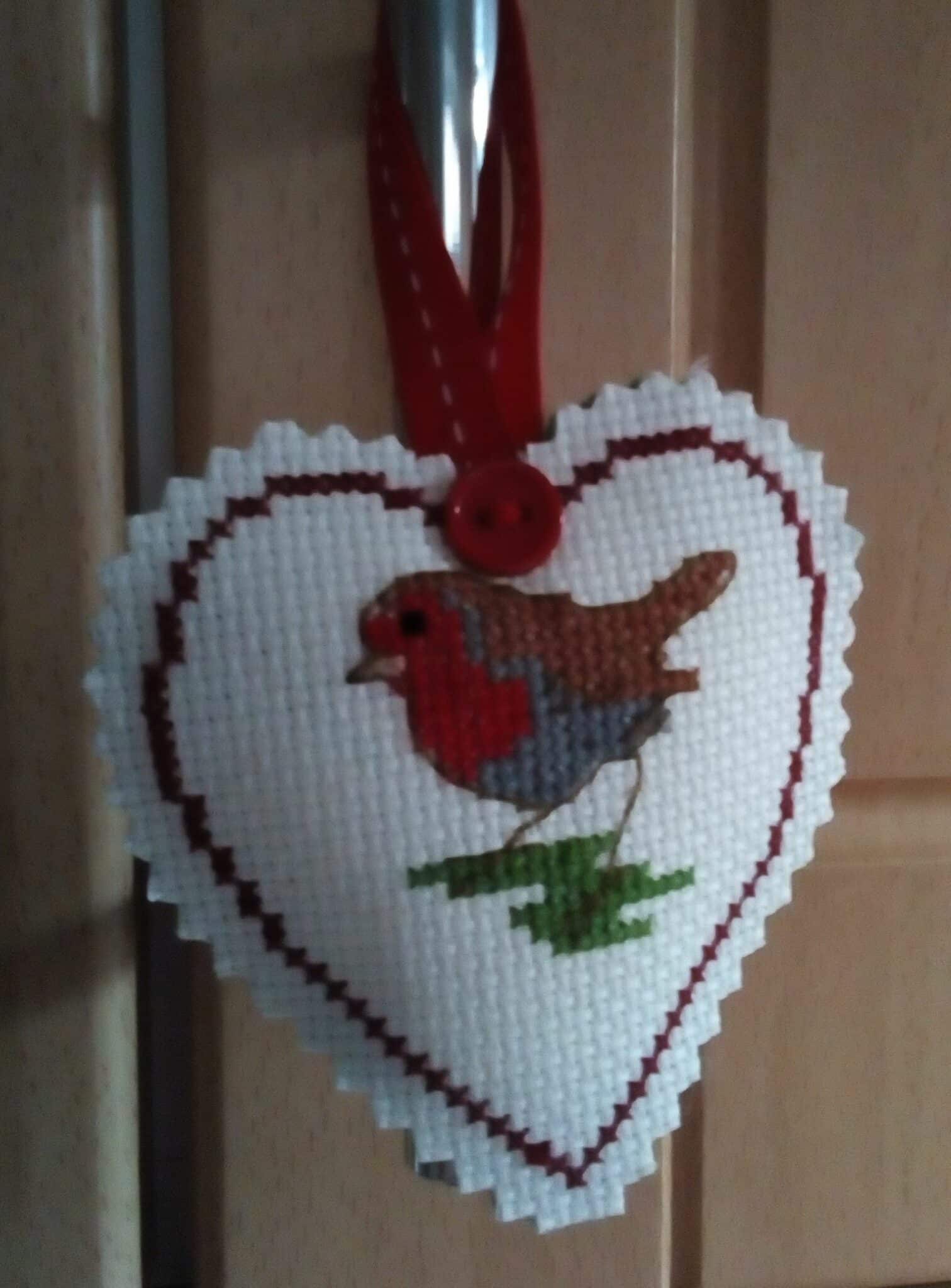 Robin Heart, Hanging Heart, Pocket Hug, Cross Stitch Robin, When Robins Appear Loved Ones are Near - main product image