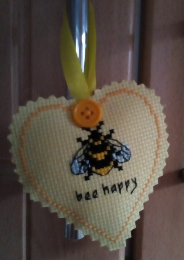 Bee Happy – Cross Stitch Bee Heart, Hanging Heart, Pocket Hug – Yellow - product image 3