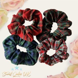 Tartan chunky hair scrunchies. Traditional Christmas themed hair accessories.
