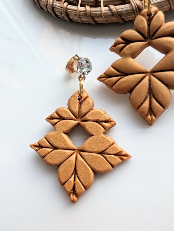 Polymer Clay Earrings, gold, leaves, floral, dangle, statement, fine jewellery - product image 2