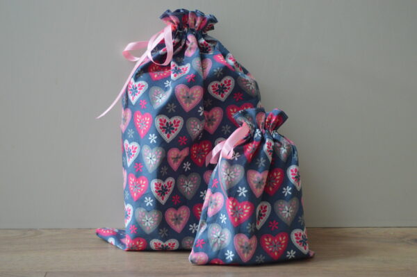 Pink and Grey Heart Reusable Gift Bags, Valentines Fabric Gift Bags - main product image