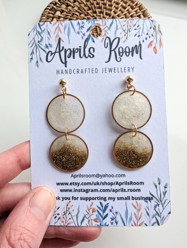 Resin Earrings, Gold, white, glitter, dangle, statement, fine jewellery, resin - product image 3