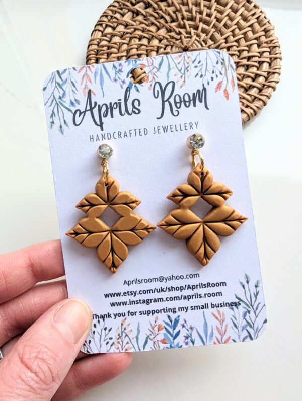 Polymer Clay Earrings, gold, leaves, floral, dangle, statement, fine jewellery - product image 3