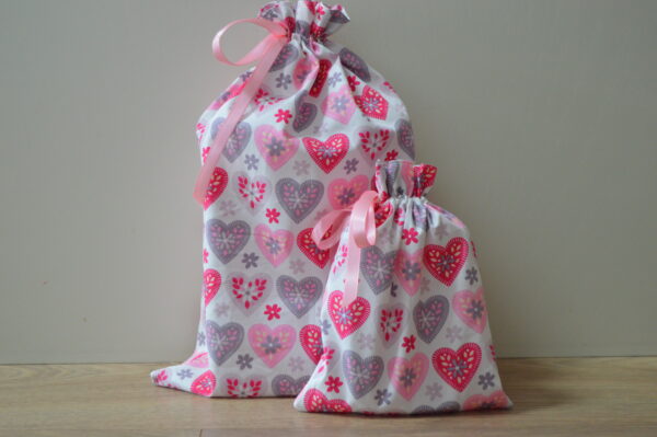 Pink and White Heart Reusable Gift Bags, Valentines Fabric Gift Bags - main product image