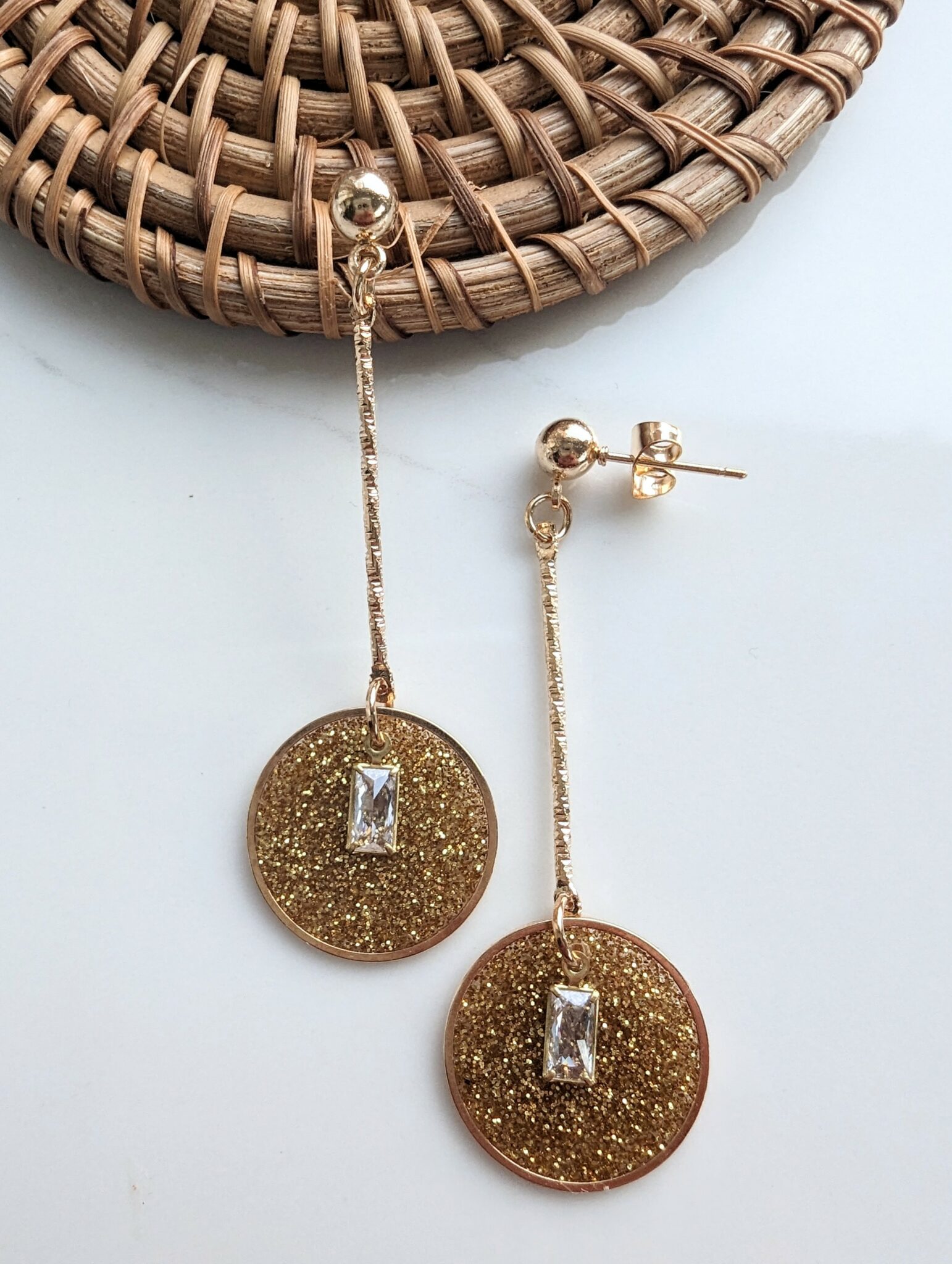 Resin Earrings, Gold, glitter, dangle, statement, fine jewellery, resin - main product image