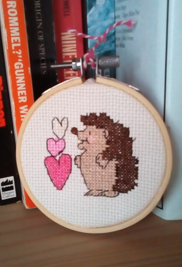 Hedgehog & Hearts, Hanging Hoop Decoration, Cross Stitch, Pink - product image 2